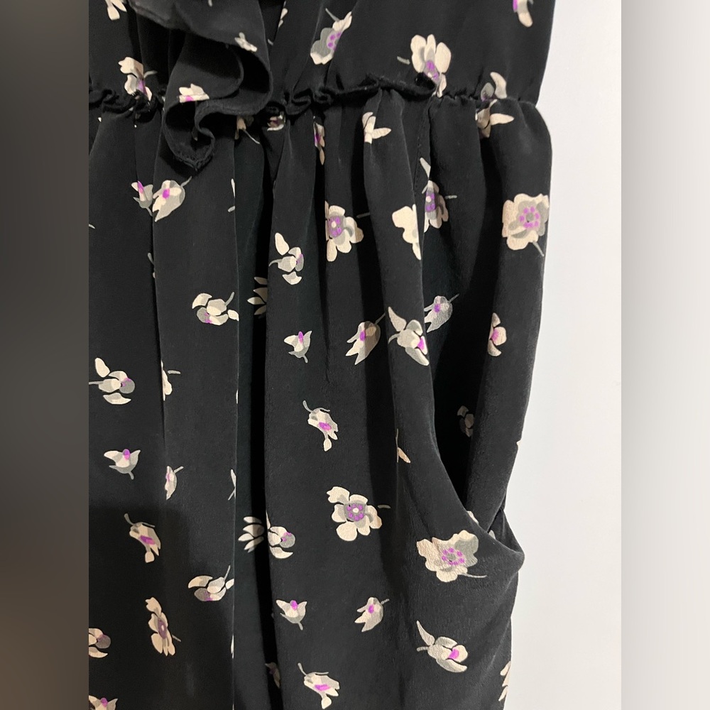 Rebecca Taylor Silk Dress 2 Ruffle Front Sleeveless Front Zip Black Ghost Floral - Picture 4 of 8